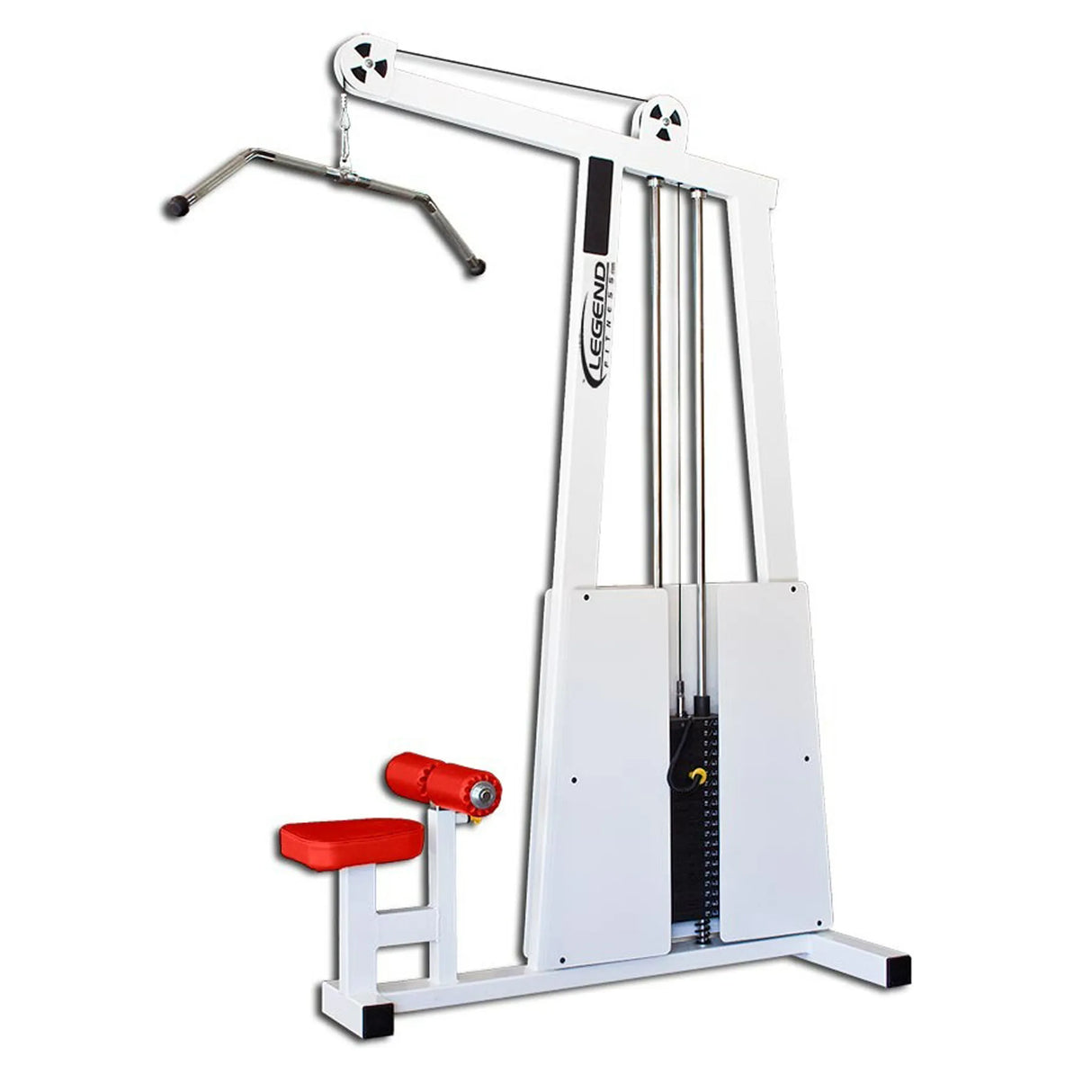The Legend Fitness 905 Lat Pulldown Machine by Legend Fitness features a white frame, red padded seat and leg support, adjustable weight stack, and wide-grip handlebar mounted to the top pulley.