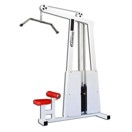 The Legend Fitness 905 Lat Pulldown Machine by Legend Fitness features a white frame, red padded seat and leg support, adjustable weight stack, and wide-grip handlebar mounted to the top pulley.