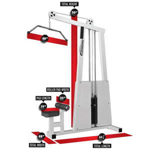 The Legend Fitness 905 Lat Pulldown Machine by Legend Fitness features a white and gray design, stands 90" tall, is 65.3" long and 48" wide, with a 48" bar, 25" roller pad width, and a seat pad length of 19".