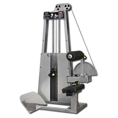 The Legend Fitness 907 Low Back Machine by Legend Fitness is a seated gym machine with a weight stack, padded seat, roller pad, and foot platform for performing leg or lower-body exercises like extensions or curls.