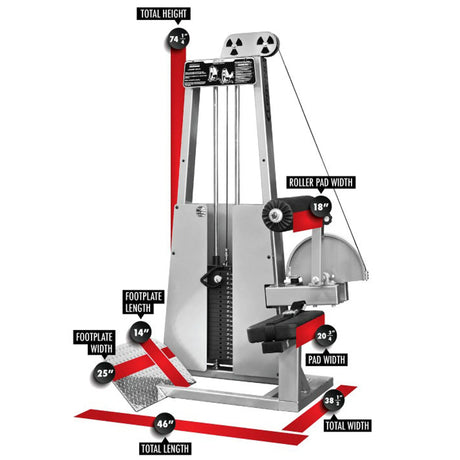 The Legend Fitness 907 Low Back Machine by Legend Fitness features a total height of 74", footplate width of 14", footplate length of 25", total length of 46", roller pad width of 18", pad width of 20", and total width of 38".