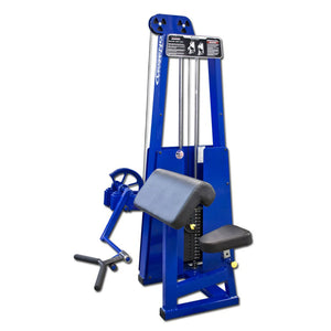 The Legend Fitness 908 Arm Curl Machine by Legend Fitness features a blue vertical frame, padded seat and armrest, weight stack, adjustable arm curl handle, and instructional diagrams for effective biceps workouts.