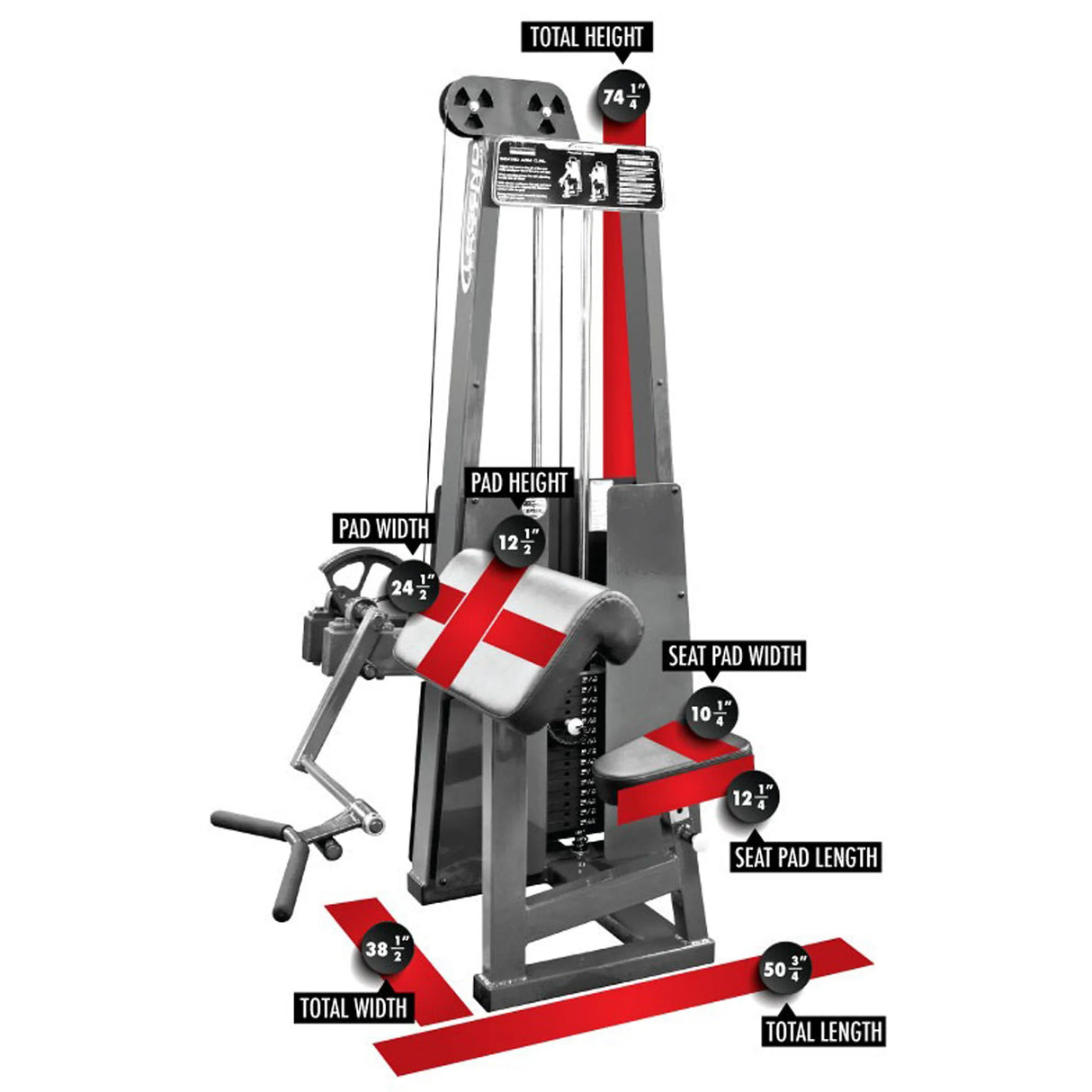 The Legend Fitness 908 Arm Curl Machine by Legend Fitness features labeled measurements: total height 74.5", pad height 42.25", pad width 24.25", seat pad width 12.5", seat pad length 10.25", total width 38.25", and total length 50.75".