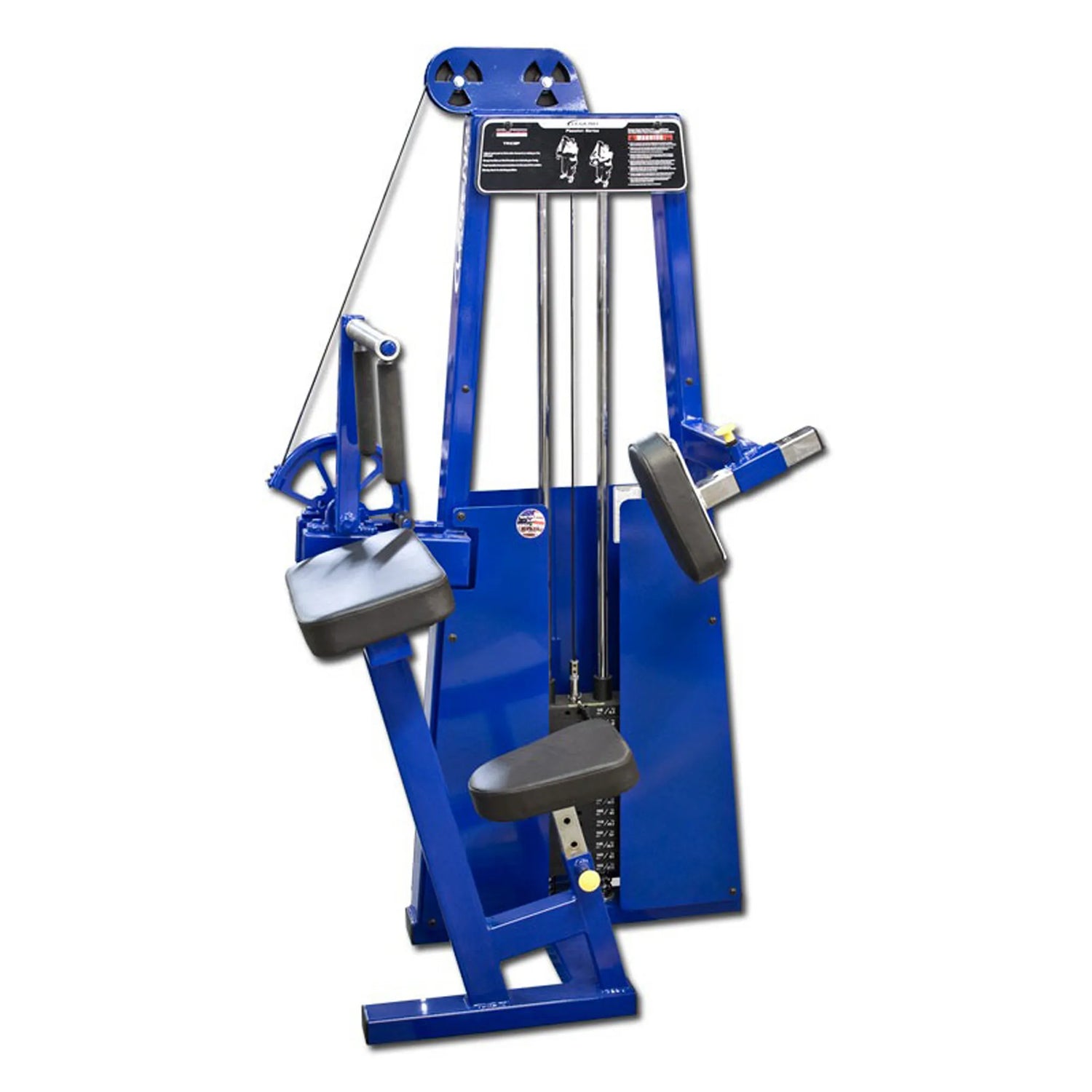 The Legend Fitness 910 Tricep Extension Machine by Legend Fitness is a blue seated gym machine with padded seats, backrest, handles, adjustable weights, and a top display panel with instructions.