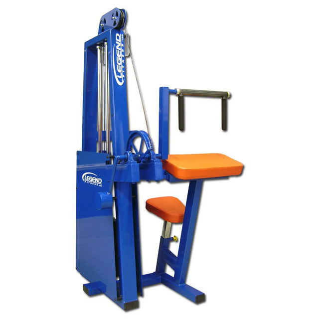 The Legend Fitness 910 Tricep Extension Machine by Legend Fitness is a blue and orange upper body machine with padded seat, armrests, weight stacks, cables, and handles for resistance training.