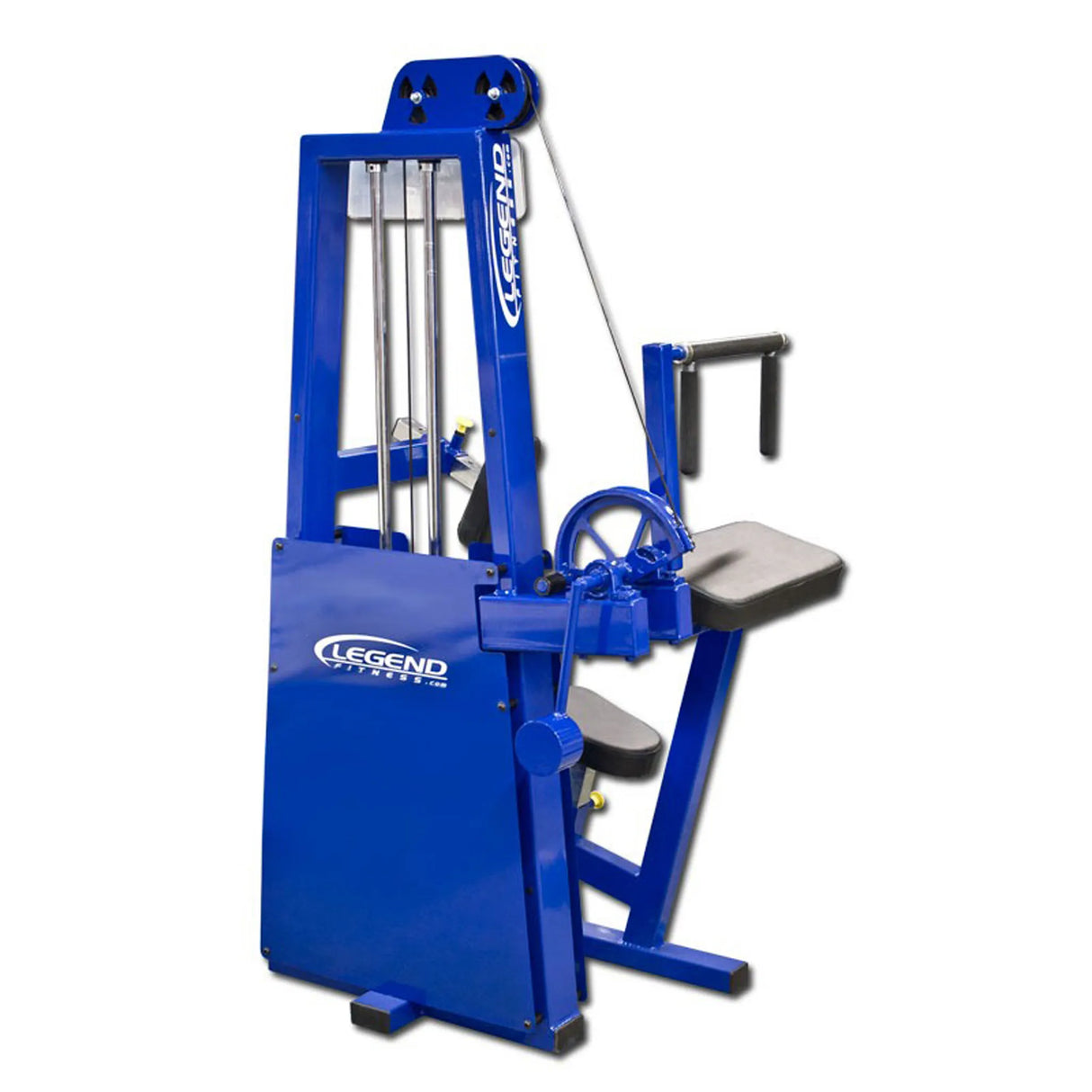 A blue Legend Fitness 910 Tricep Extension Machine with padded seat and chest pad, featuring two handles on adjustable cables, designed for upper body strength training in gyms.