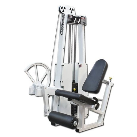 The Legend Fitness 911 Leg Extension Machine by Legend Fitness features a padded seat, backrest, and adjustable weight stack for thigh muscle strengthening in gyms or fitness centers.