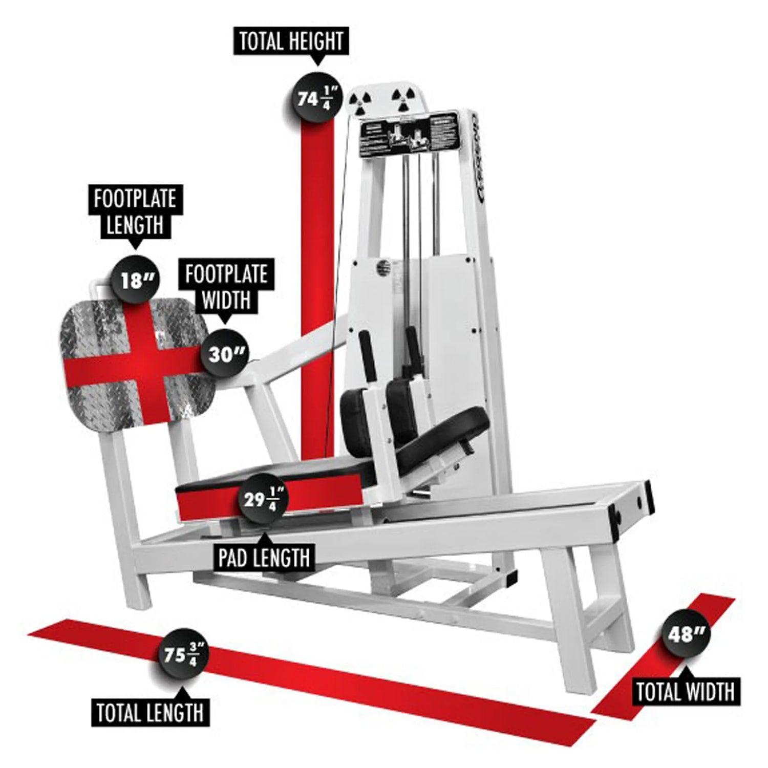 The Legend Fitness 914 Supine Leg Press Machine by Legend Fitness features measurement labels: total height 74.5", footplate 18" L x 30" W, pad length 29.5", total length 75.75", and width 48".