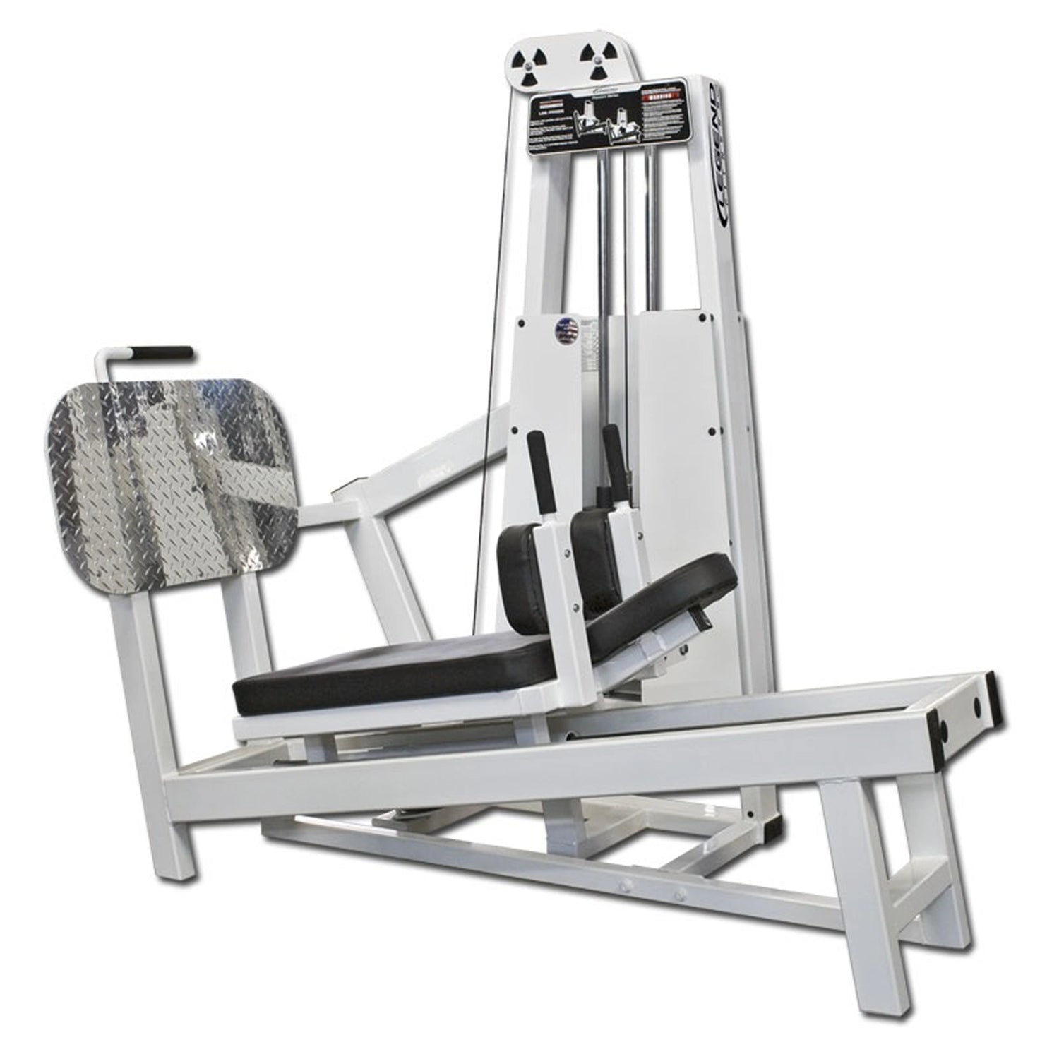 The Legend Fitness 914 Supine Leg Press Machine by Legend Fitness features a white metal frame, black padded seat and backrest, angled footplate, and handles for effective lower body strength training in gyms.