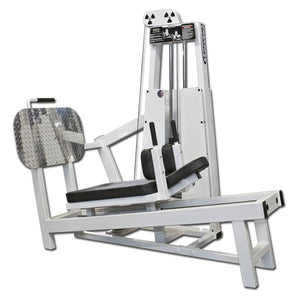 The Legend Fitness 914 Supine Leg Press Machine by Legend Fitness features a white metal frame, black padded seat and backrest, angled footplate, and handles for effective lower body strength training in gyms.