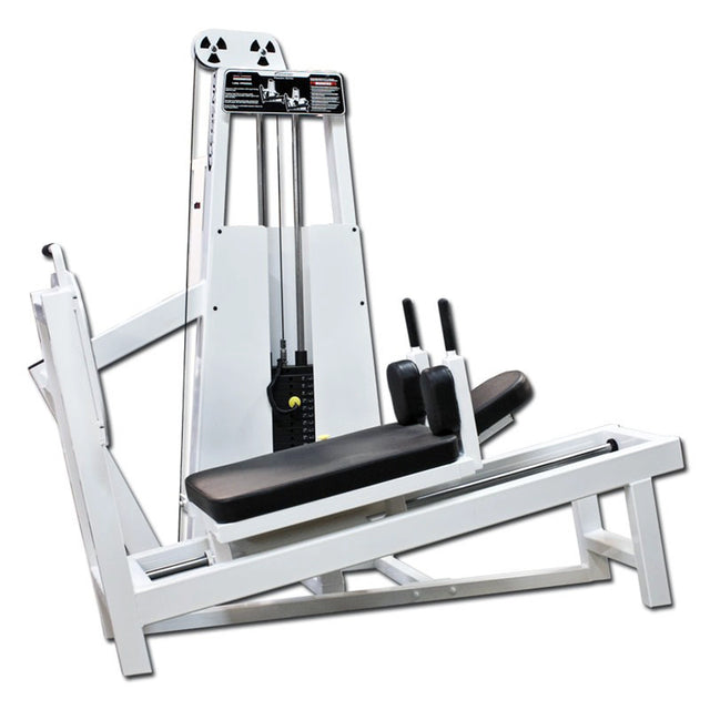 The Legend Fitness 914 Supine Leg Press Machine features a white frame, angled design, black padded seat and backrest, weight stack, and hand grips—ideal for gym or fitness center use.