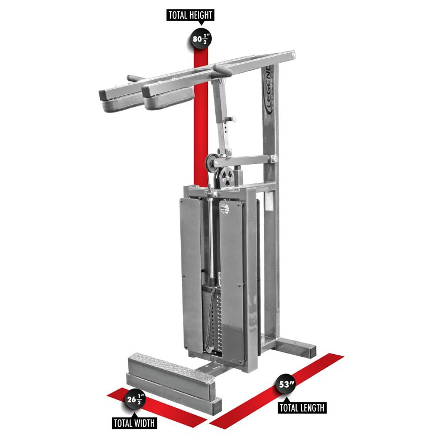 The Legend Fitness 915 Standing Calf Machine by Legend Fitness is shown in silver with padded arms. Red lines indicate its dimensions: height 80.5", length 53", and width 26.5".