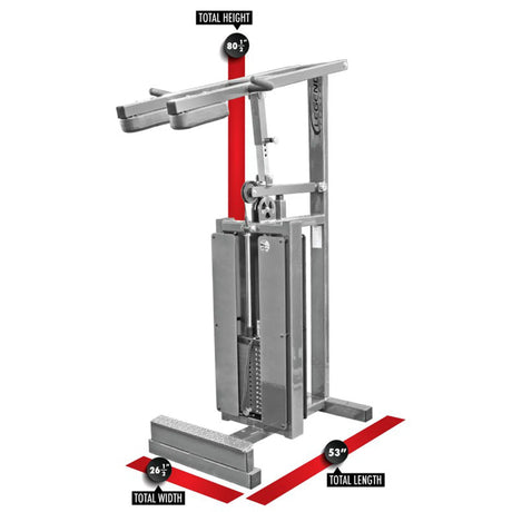 The Legend Fitness 915 Standing Calf Machine by Legend Fitness is shown in silver with padded arms. Red lines indicate its dimensions: height 80.5", length 53", and width 26.5".
