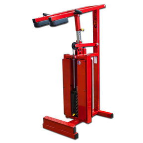 The Legend Fitness 915 Standing Calf Machine by Legend Fitness is a red gym machine with padded shoulder supports, a weight stack, and a metal base platform for lower leg strength training.