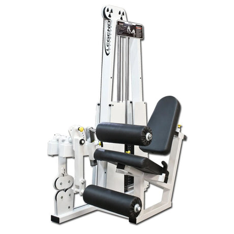 The Legend Fitness 918 Leg Extension / Leg Curl Combo Machine by Legend Fitness features a black and white design, padded seat and rollers, tall weight stack, and adjustment knobs for versatile leg strength training.