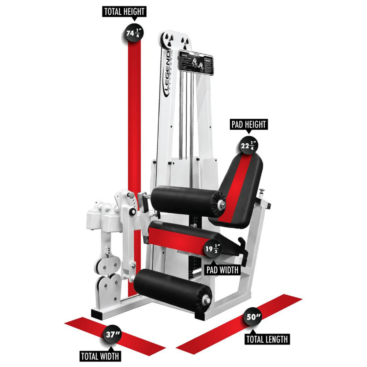 The Legend Fitness 918 Leg Extension / Leg Curl Combo Machine by Legend Fitness is shown in white with black and red pads. Measurements are: total height 74.5", width 37", length 50", pad height 22", and pad width 19".