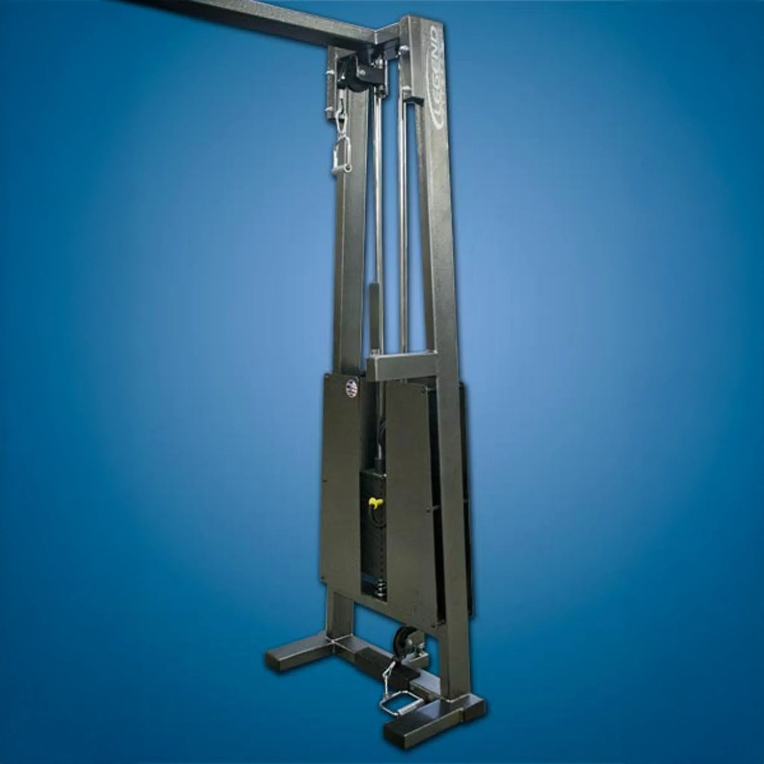 The Legend Fitness 919 Cable Crossover Machine by Legend Fitness stands on a blue background, featuring vertical metal frames, pulleys, and a weight stack for resistance exercises.