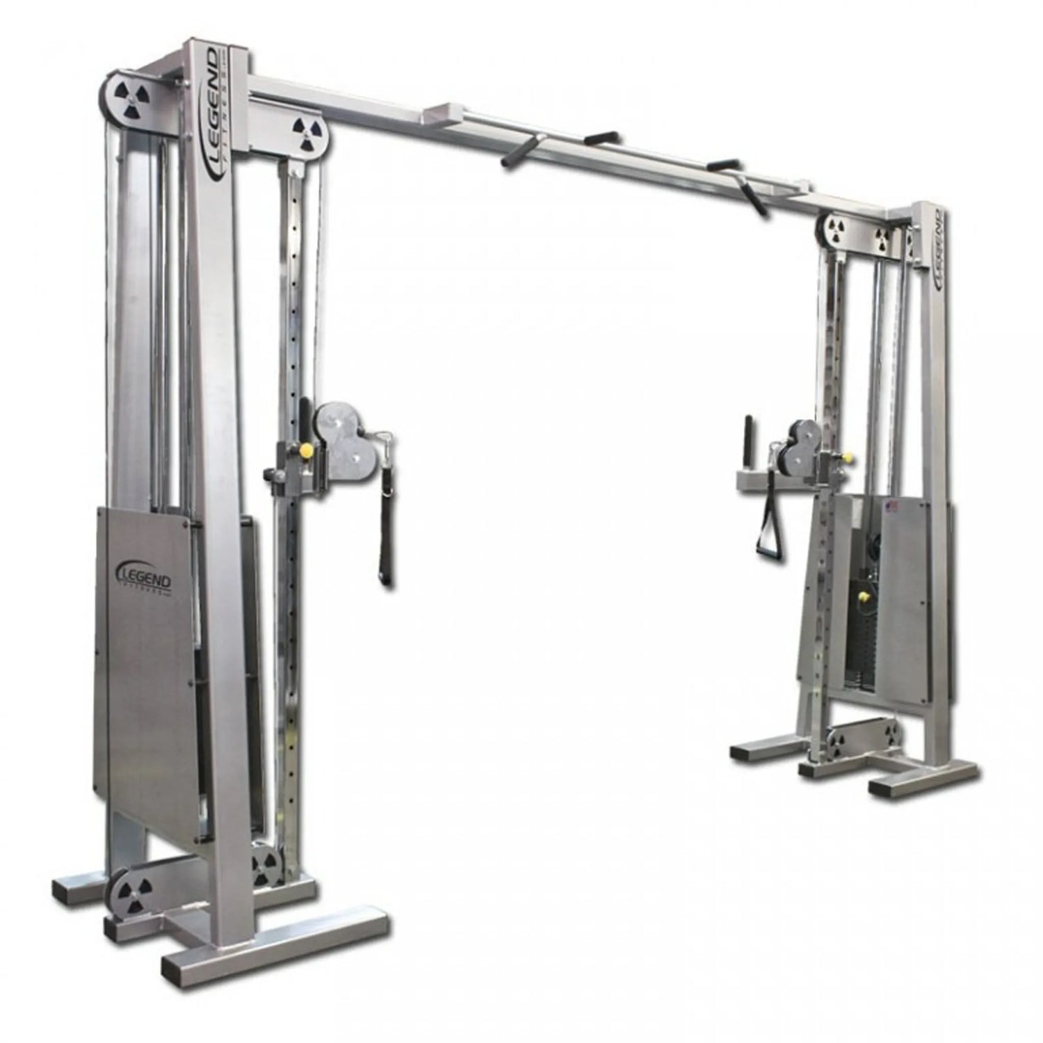 The Legend Fitness 919 Cable Crossover Machine by Legend Fitness is a large, silver strength training unit with adjustable pulleys, handles on each side, and a pull-up bar connecting the two columns.