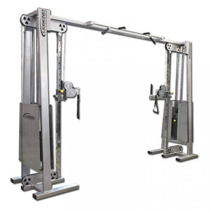 The Legend Fitness 919 Cable Crossover Machine by Legend Fitness is a large, silver strength training unit with adjustable pulleys, handles on each side, and a pull-up bar connecting the two columns.