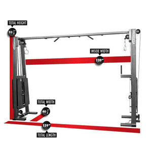The Legend Fitness 919 Cable Crossover Machine by Legend Fitness is shown angled on a white background, with dimensions: total height 93.5", inside width 120", total width 40.5", and total length 139".