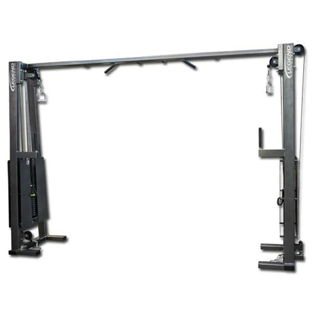 The Legend Fitness 919 Cable Crossover Machine by Legend Fitness features dual adjustable weight stacks, pulleys, and a top pull-up bar, designed for strength training and resistance exercises in gyms.