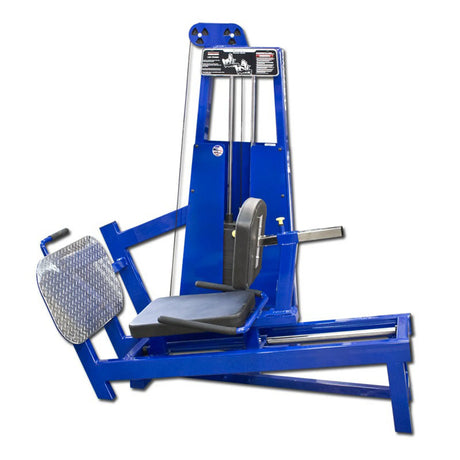 The Legend Fitness 931 Seated Leg Press Machine by Legend Fitness features a blue frame, padded seat and backrest, metal footplate, and handles—ideal for lower body strength training in gym environments.