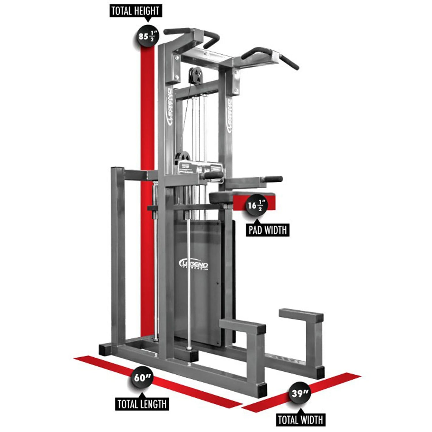 The Legend Fitness 933 Dip / Chin-Up Assist Combo Machine by Legend Fitness features metal bars, handles, a weight stack, and is labeled with dimensions: height 85.5", pad width 16.5", length 60", and width 39".