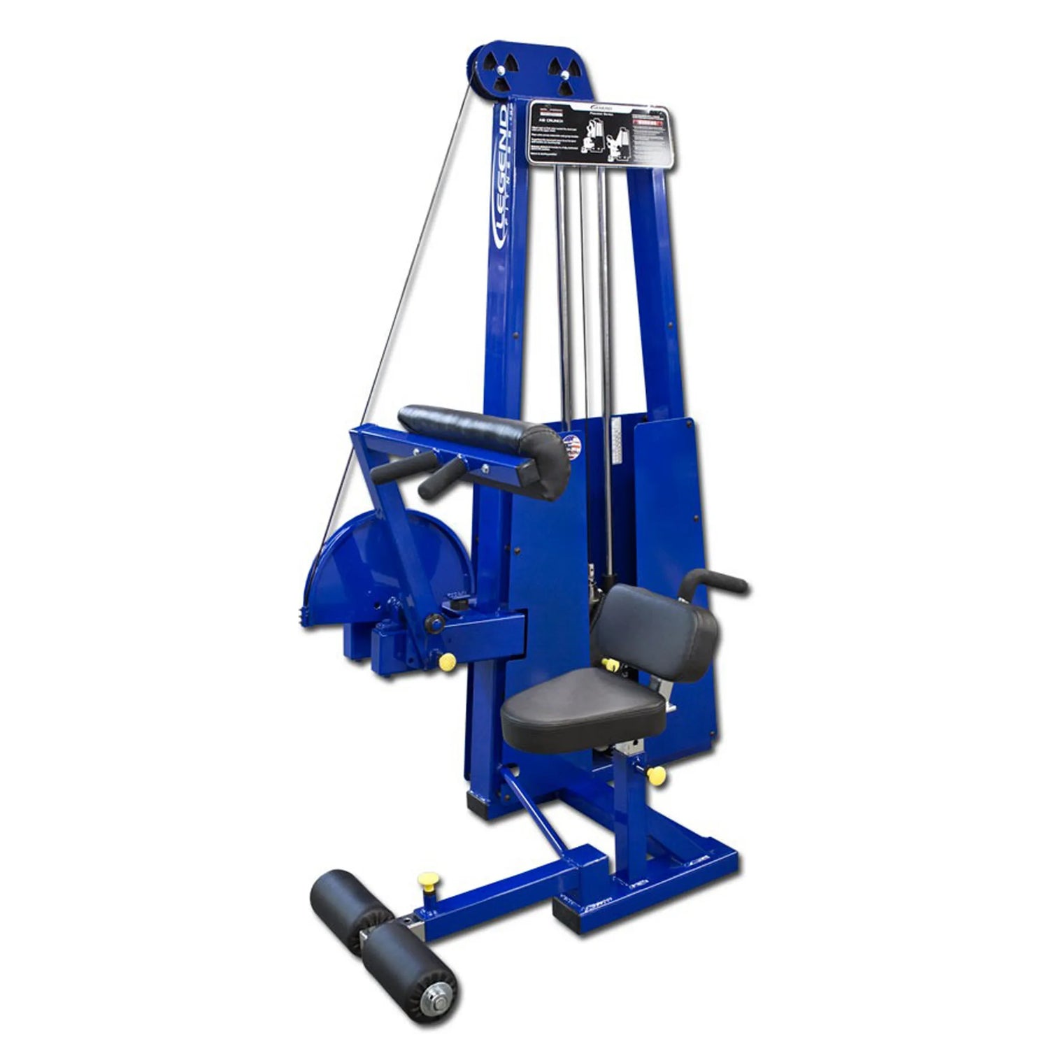 The Legend Fitness 941 Ab Crunch Machine by Legend Fitness is a blue gym machine with padded arms, a seat and backrest, handles, weight stack, and footrests, designed for ab exercises and shown against a white background.