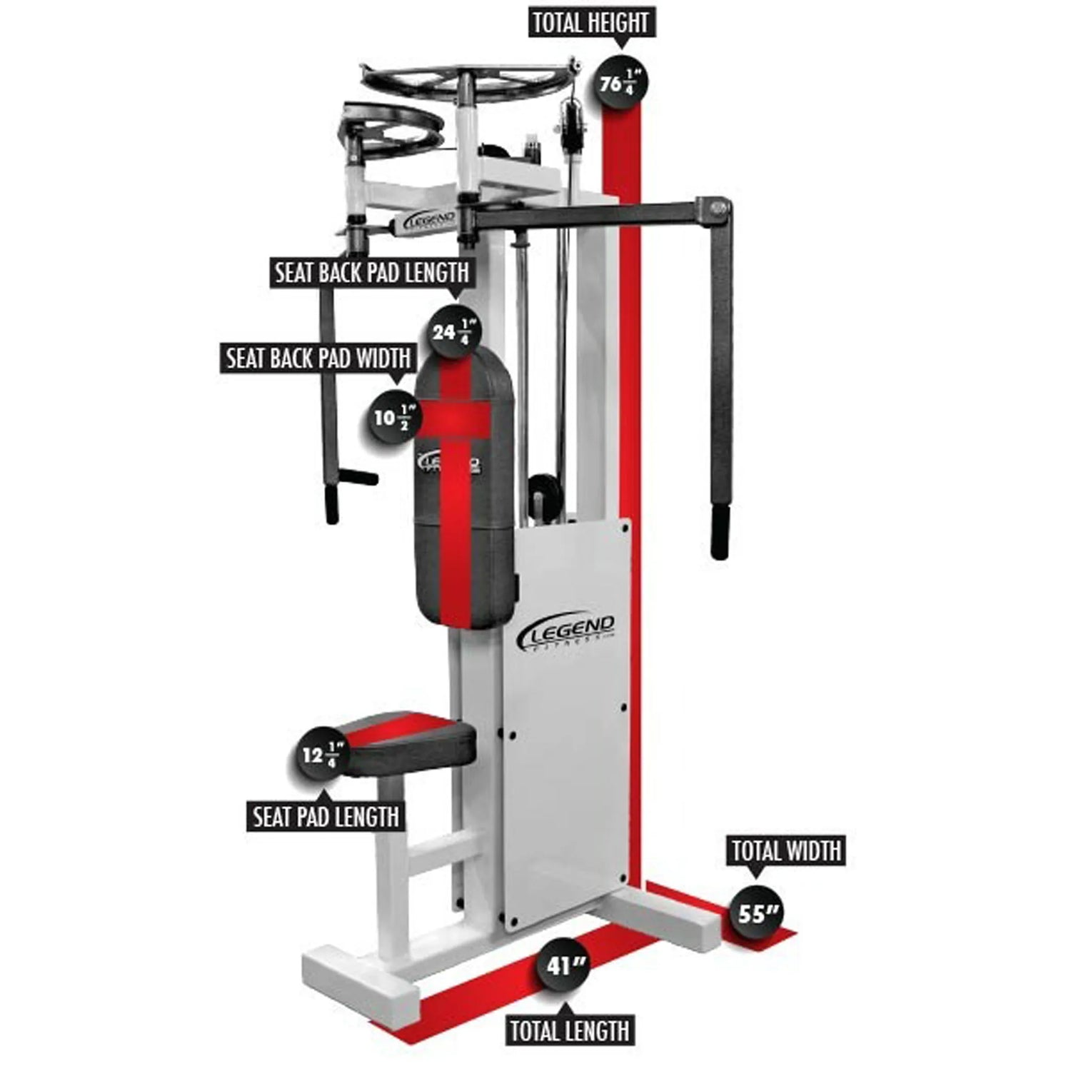 The Legend Fitness 942 Rear Delt / Pec Combo Machine by Legend Fitness features a padded seat and back, metal frame, handles, red and white design, and labeled measurements for seat, back pad, height, width, and length.
