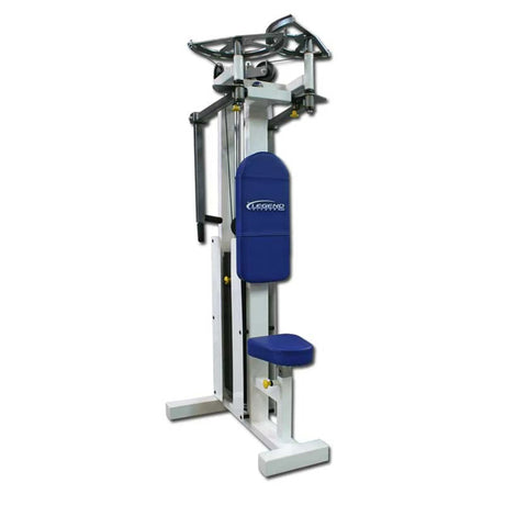 The Legend Fitness 942 Rear Delt / Pec Combo Machine by Legend Fitness features a blue and white frame, padded seat and backrest, and handles for upper body strength training, shown isolated on a white background.