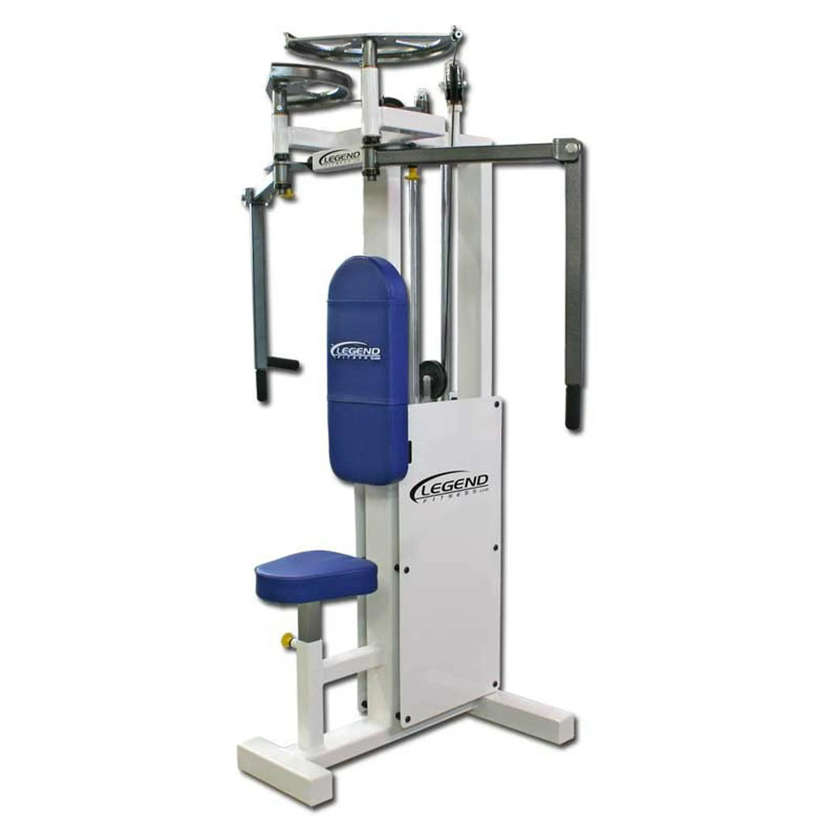 The Legend Fitness 942 Rear Delt / Pec Combo Machine by Legend Fitness is a white and blue strength training machine with a padded seat, backrest, vertical frame, and two adjustable arm handles.