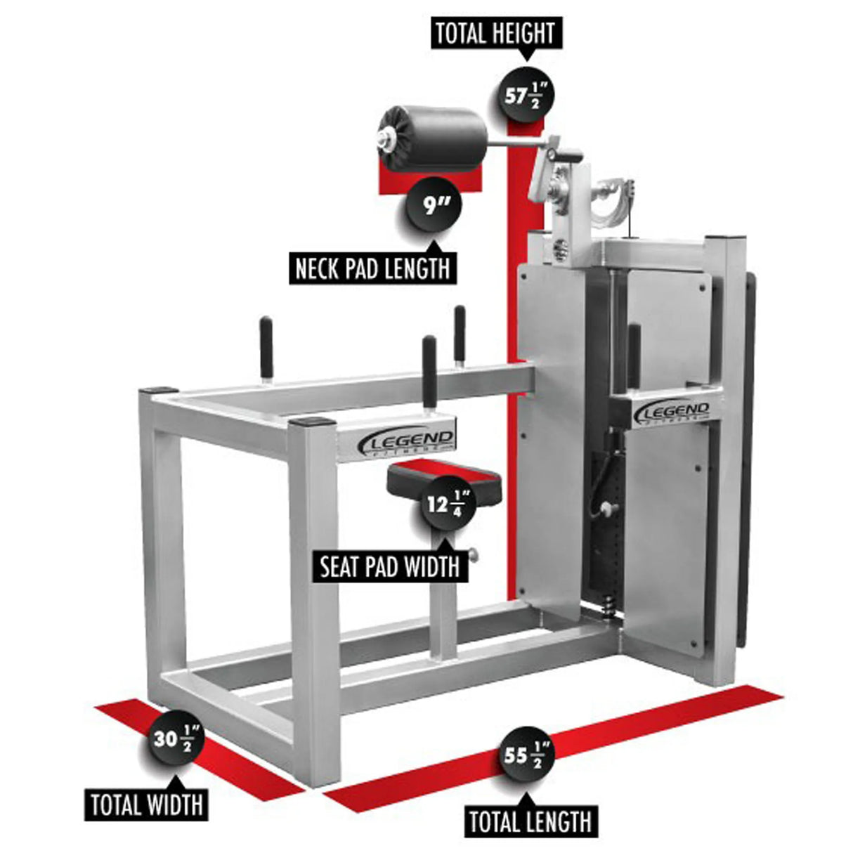 The Legend Fitness 943 Neck Machine by Legend Fitness features a metallic frame with black padding and labeled measurements: total height 57.5", neck pad length 9", seat pad width 12.5", total width 30.5", and total length 55.5".