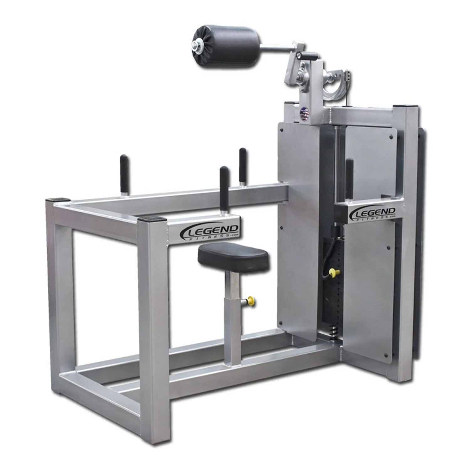 The Legend Fitness 943 Neck Machine is a silver seated exercise machine with padded rollers, adjustable weights, side handles, and features the Legend Fitness branding on the frame and weight stack.