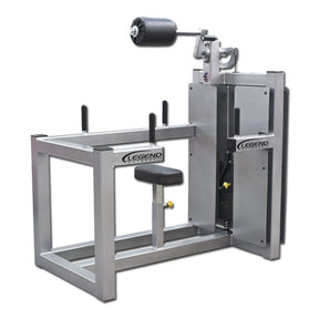 The Legend Fitness 943 Neck Machine is a silver seated exercise machine with padded rollers, adjustable weights, side handles, and features the Legend Fitness branding on the frame and weight stack.