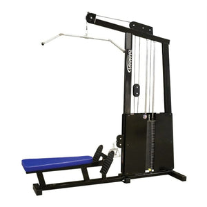 The Legend Fitness 945 Lat Pull / Low Row Combo Machine by Legend Fitness is a black multi-gym with a padded blue bench, weight stack, cables, footrests, and wide pull-down bar for lat pulldowns and seated rows.