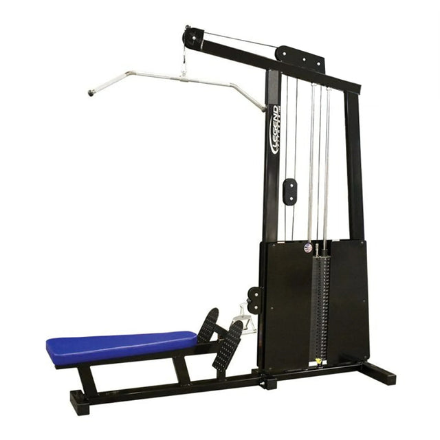 The Legend Fitness 945 Lat Pull / Low Row Combo Machine by Legend Fitness is a black multi-gym with a padded blue bench, weight stack, cables, footrests, and wide pull-down bar for lat pulldowns and seated rows.