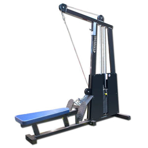 The Legend Fitness 945 Lat Pull / Low Row Combo Machine by Legend Fitness features a blue padded bench, metal footplates, and a cable pulley system. This black machine includes an attached weight stack for strength training exercises.