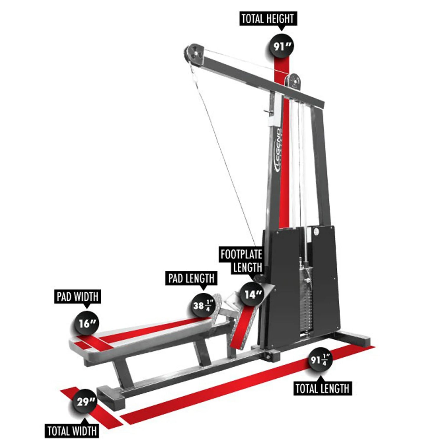 The Legend Fitness 945 Lat Pull / Low Row Combo Machine by Legend Fitness has dimensions: height 91", length 91.5", width 29", pad width 16", pad length 38.5", and footplate length 14".