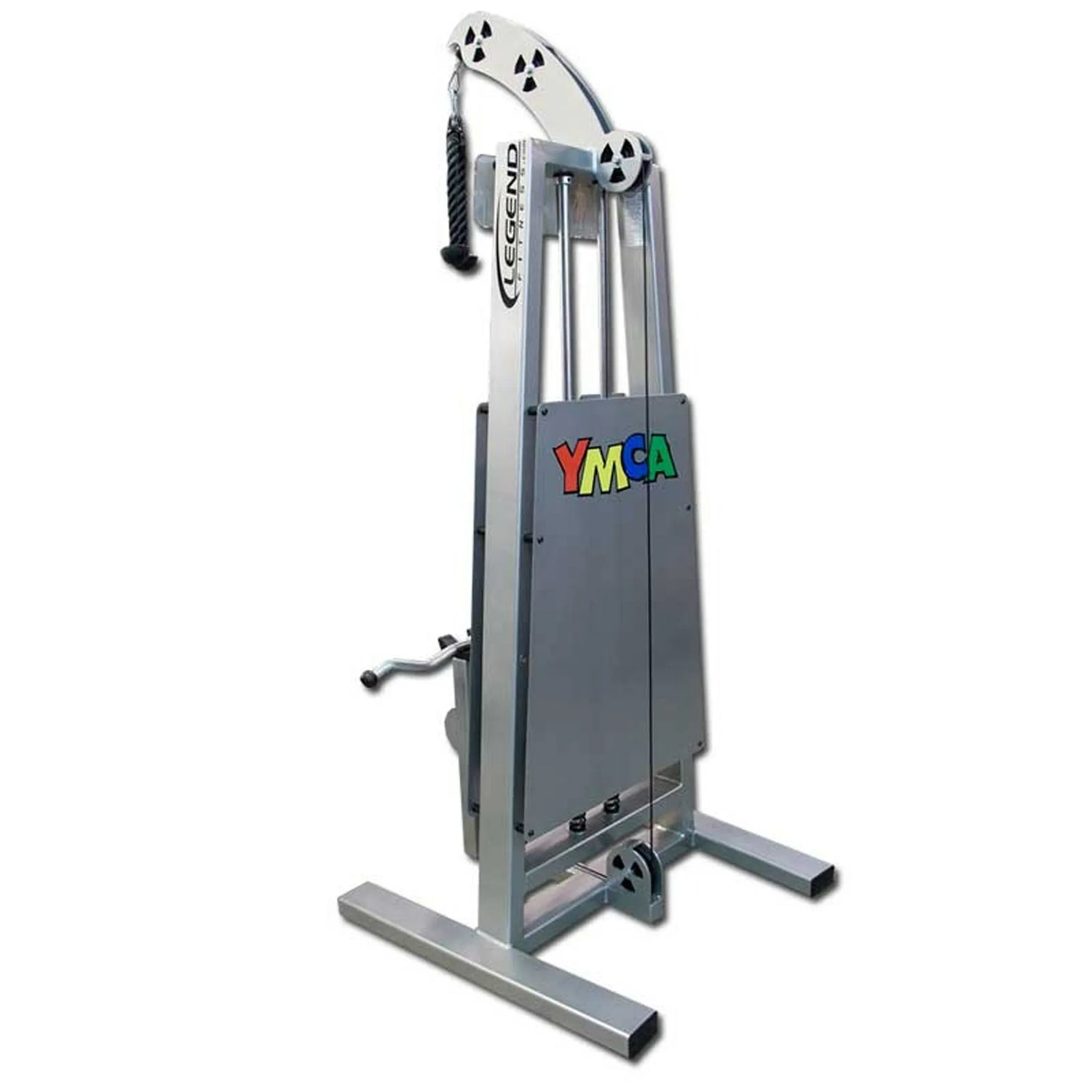 The Legend Fitness 946 Standing Bicep / Tricep Combo Machine by Legend Fitness is a silver strength training machine featuring a cable, single rope handle, and colorful YMCA lettering on the front panel.