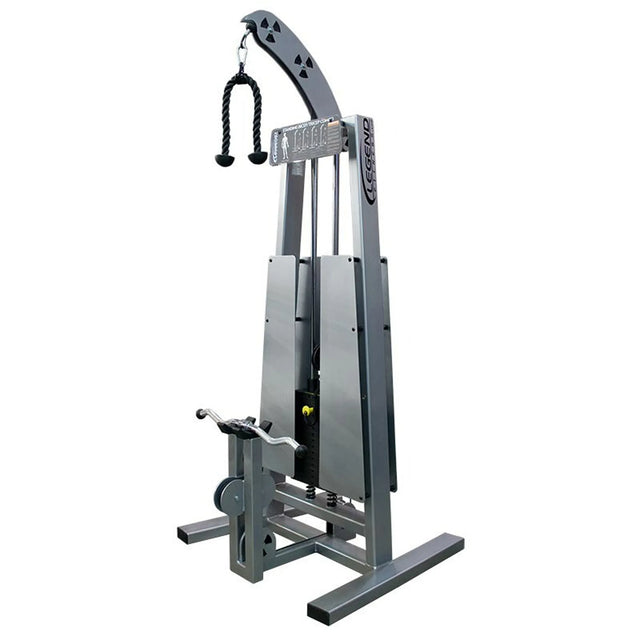 The Legend Fitness 946 Standing Bicep / Tricep Combo Machine by Legend Fitness is a silver cable machine with rope attachment, weight stack, and pulleys for upper body strength training in gyms.