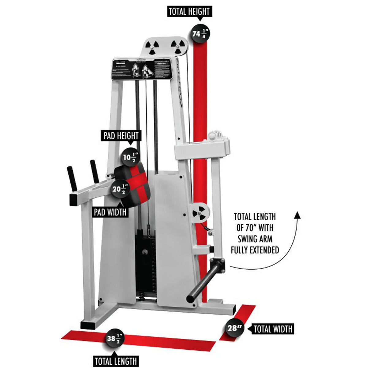 The Legend Fitness 947 Glute Press Machine by Legend Fitness features labeled dimensions: total height 74.5", width 28", length 38.5", pad height 40", pad width 10.5", and swing arm extended to 70". Red and black highlights mark measurement points.