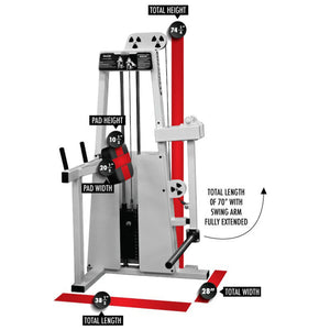 The Legend Fitness 947 Glute Press Machine by Legend Fitness features labeled dimensions: total height 74.5", width 28", length 38.5", pad height 40", pad width 10.5", and swing arm extended to 70". Red and black highlights mark measurement points.