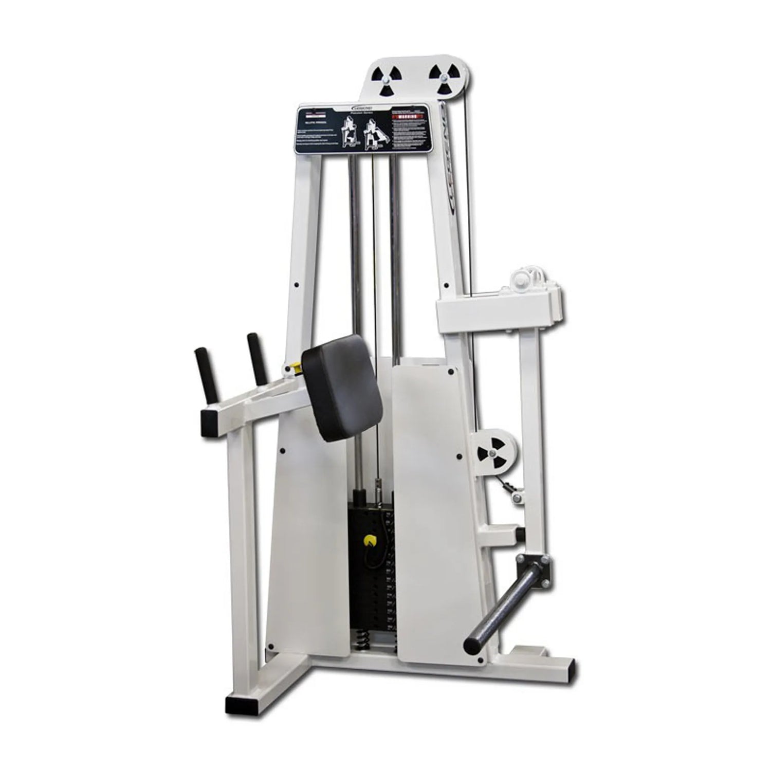 The Legend Fitness 947 Glute Press Machine by Legend Fitness features a white frame with black and gray accents, a padded chest support, handles, and a weight stack. It's designed for gym workouts to target glute muscles.