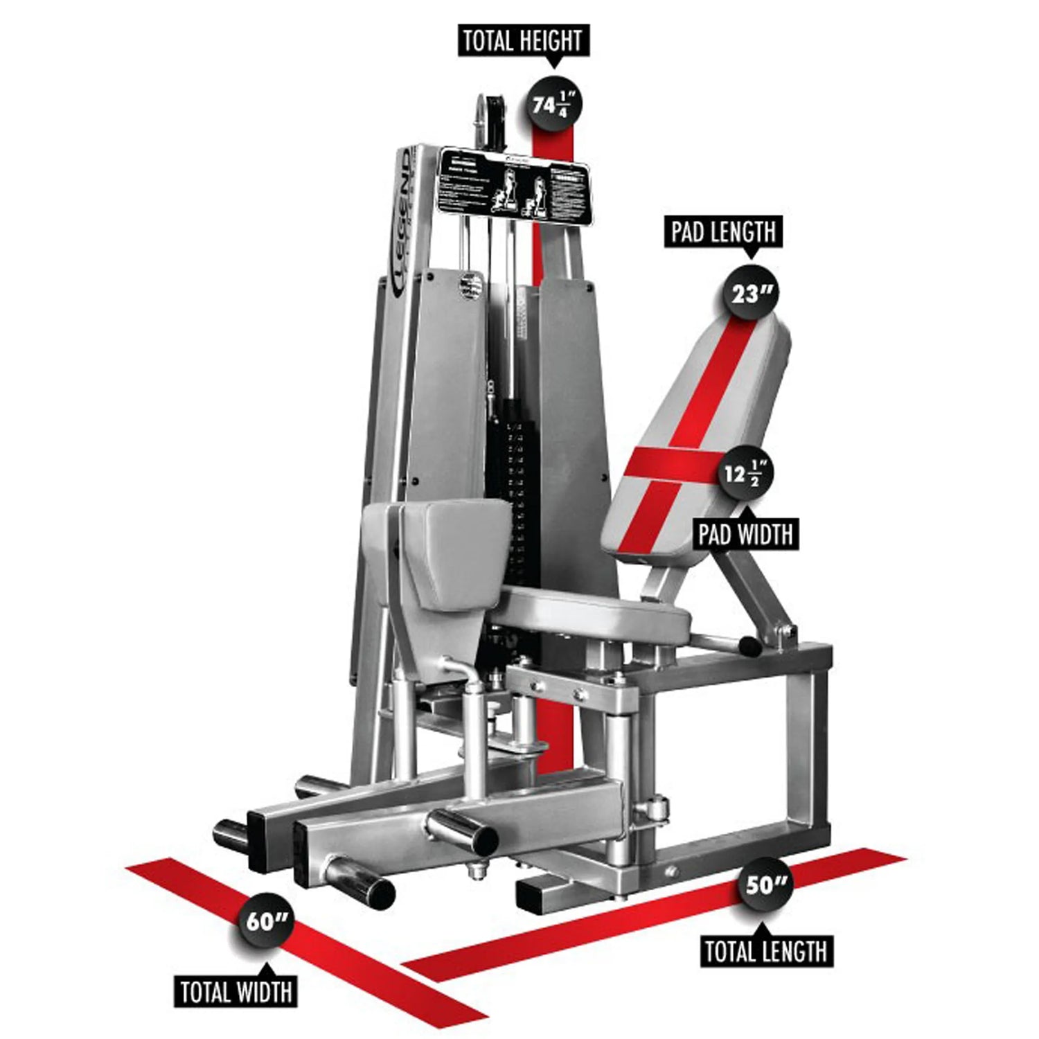 The Legend Fitness 949 Inner Thigh Machine by Legend Fitness is silver with red cushion pads and measures 74" high, pad size 23"x12", overall length 50", and width 60".