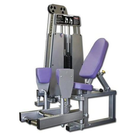 The Legend Fitness 950 Outer Thigh Machine by Legend Fitness is a gray and purple gym machine with cushioned seats and pads, a weight stack, and an instructional panel for inner and outer thigh exercises.