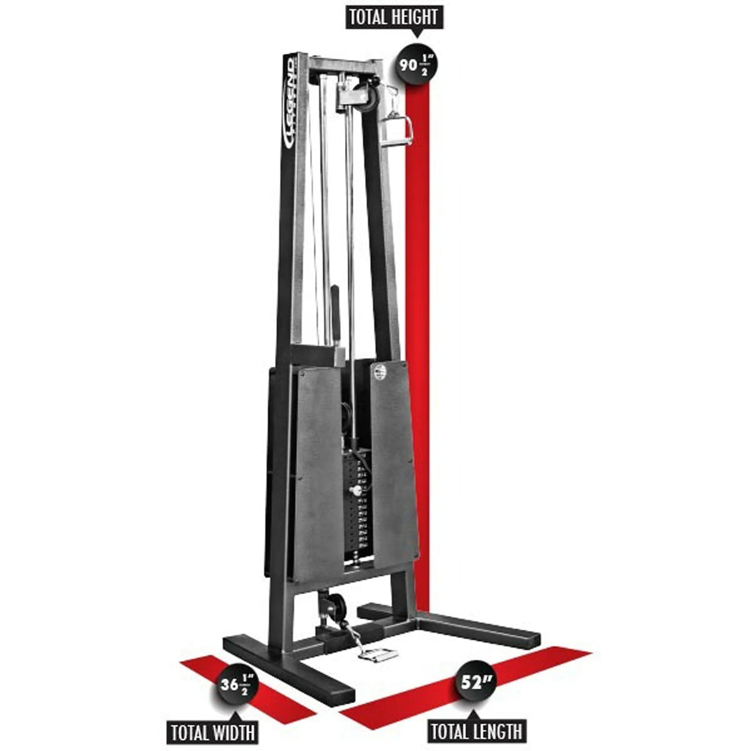The Legend Fitness 951 Single Hi / Low Pulley Cable Machine features weight stacks, cables, a sturdy metal frame, and labeled dimensions: height 90.5", width 36.5", and length 52". Brand: Legend Fitness.