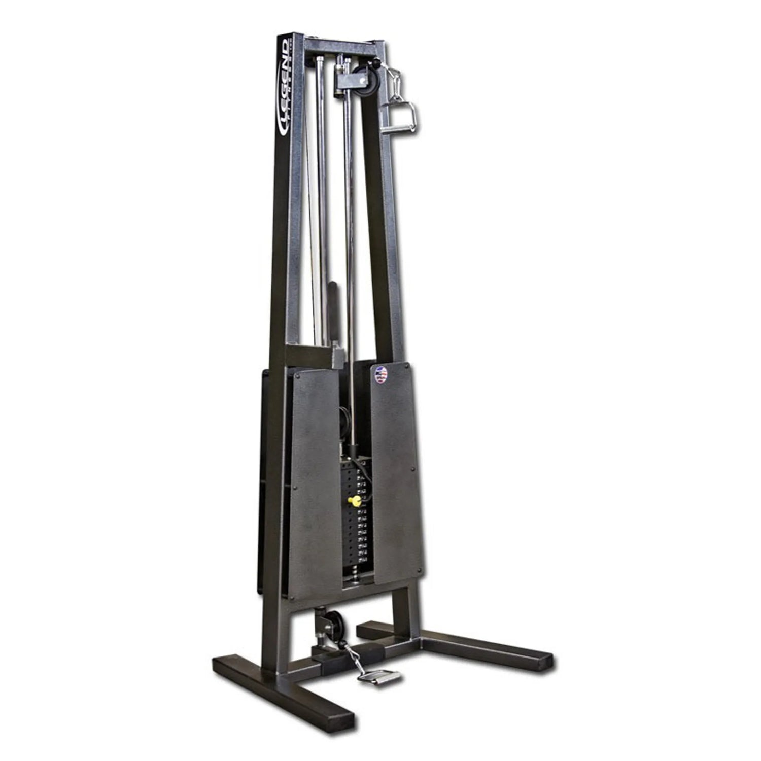The Legend Fitness 951 Single Hi / Low Pulley Cable Machine by Legend Fitness is a black strength training machine with a tall, rectangular frame, attached weight stack, sturdy base, and handles for pulling.