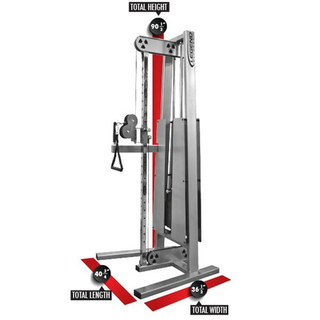 The Legend Fitness 952 Adjustable Cable Column Machine by Legend Fitness is a silver exercise machine with a single handle. Red lines show dimensions: height 90.5", length 40.5", and width 36.5".