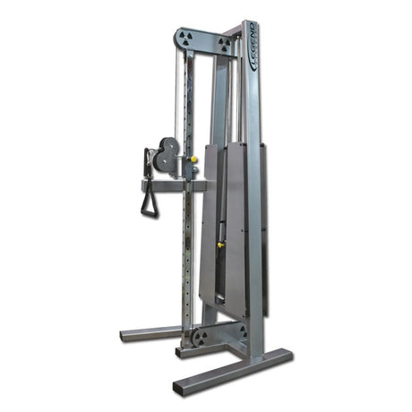 The Legend Fitness 952 Adjustable Cable Column Machine by Legend Fitness features adjustable pulleys, handles, and a sturdy silver metal frame for versatile strength training.