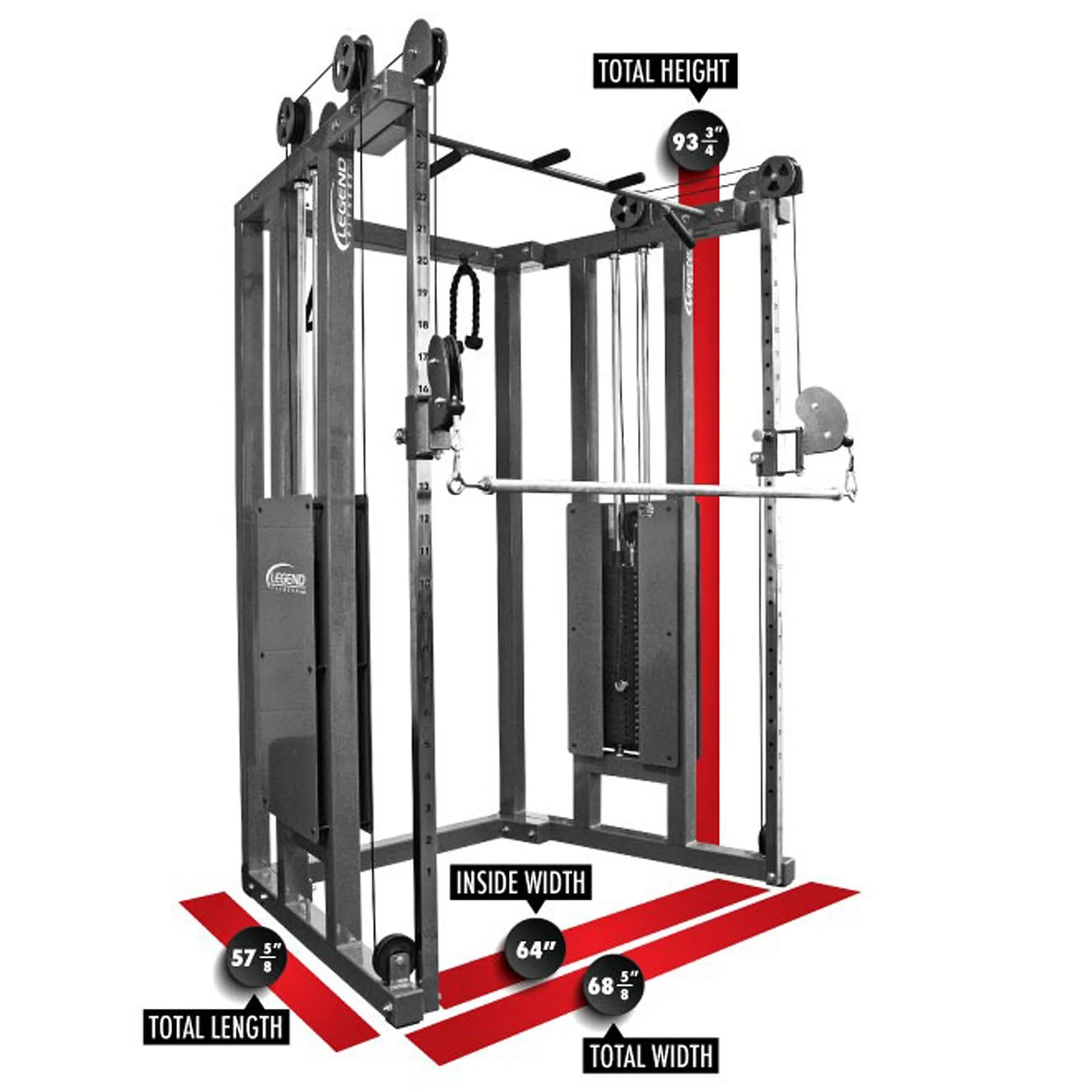 The Legend Fitness 953 Functional Trainer Machine by Legend Fitness has labeled measurements: total height 93.3", total width 68.3", inside width 64", and length 57.5", with red highlights indicating measured areas.